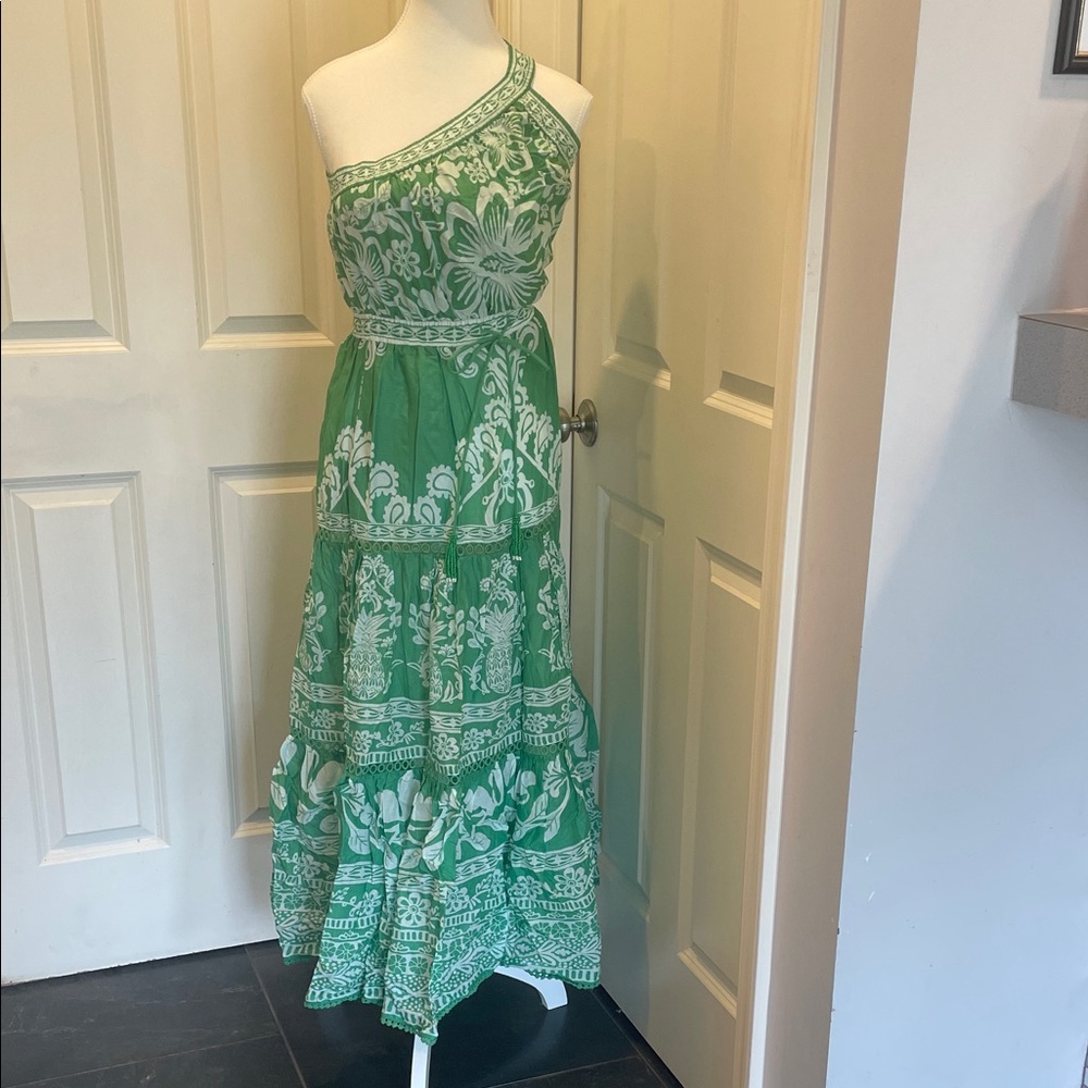 FARM Rio Green One-Shoulder Dress with White Patterns
